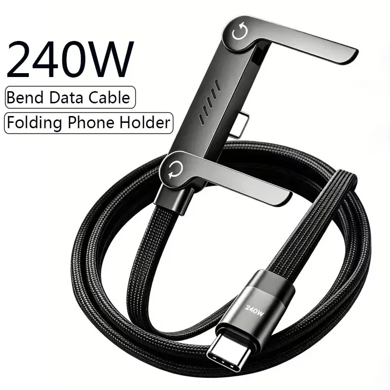 Câble de charge rapide PD 240 W USB-C vers USB-C avec support pliable pour téléphone, compatible iPhone 15, Xiaomi et Huawei