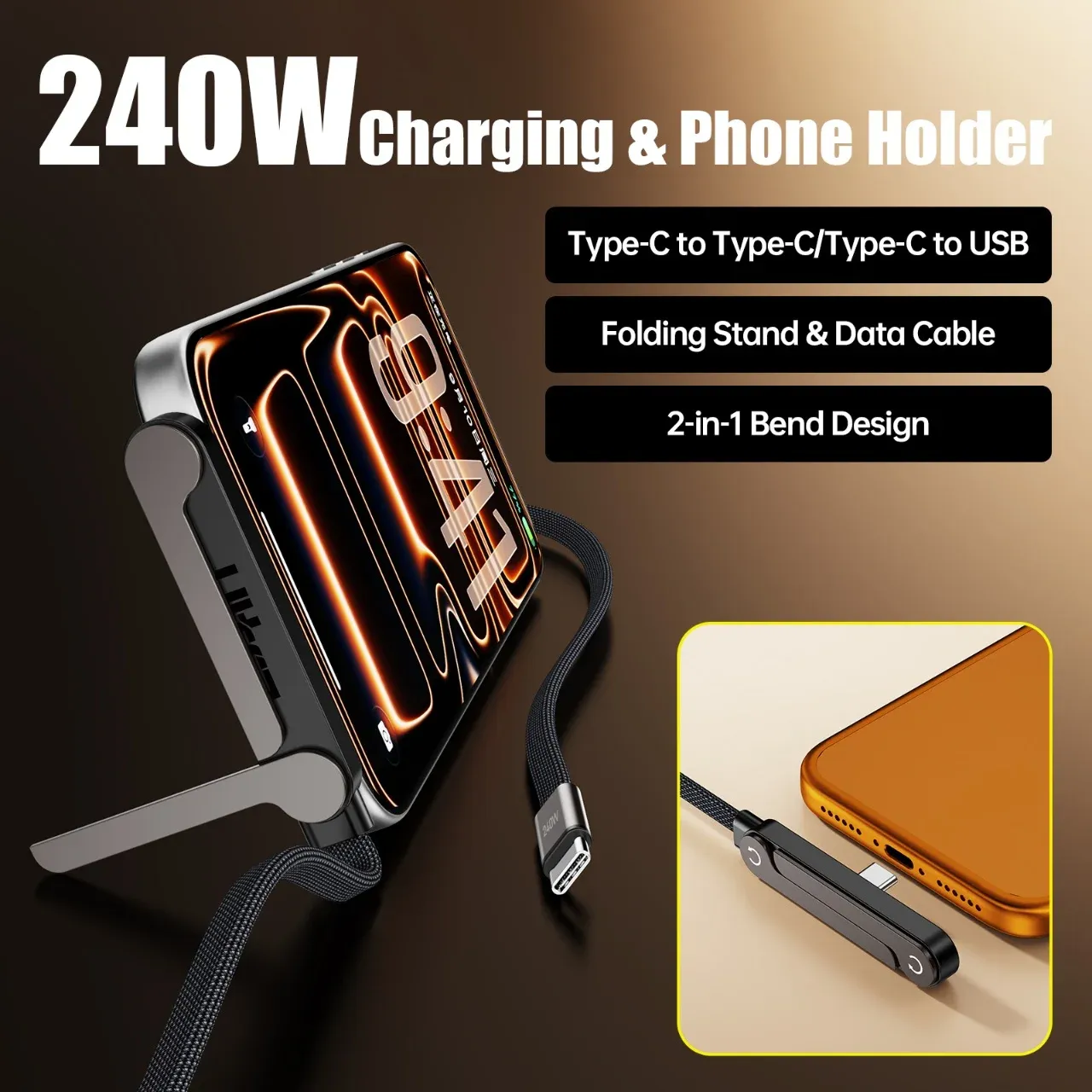 Câble de charge rapide PD 240 W USB-C vers USB-C avec support pliable pour téléphone, compatible iPhone 15, Xiaomi et Huawei 4