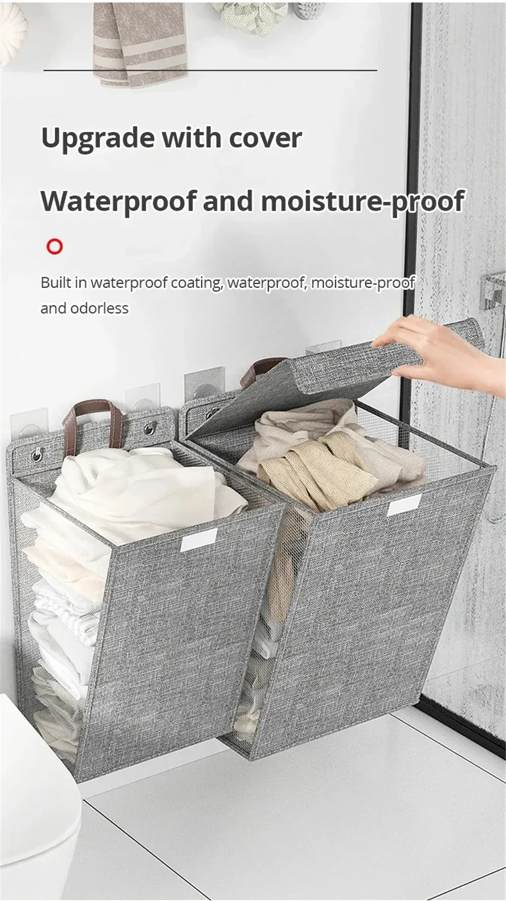 Panier à linge adhésif pliable, ouverture et capacité