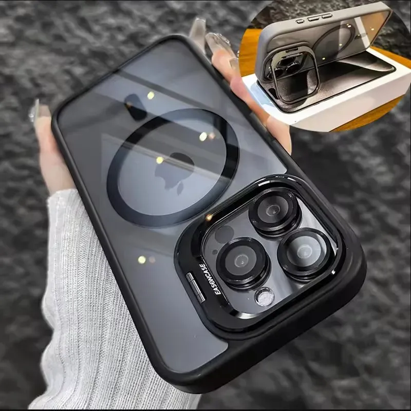 Coque magnétique de luxe antichoc compatible MagSafe pour iPhone, avec support et protection d'objectif en verre - Image 1