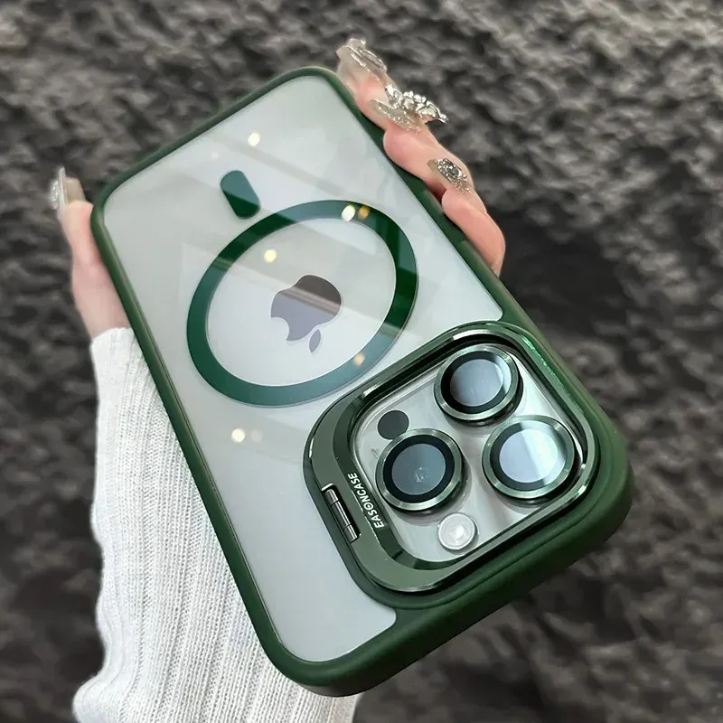 Coque magnétique de luxe antichoc compatible MagSafe pour iPhone, avec support et protection d'objectif en verre 8