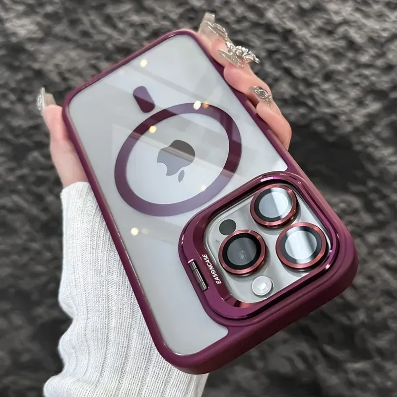 Coque magnétique de luxe antichoc compatible MagSafe pour iPhone, avec support et protection d'objectif en verre 12