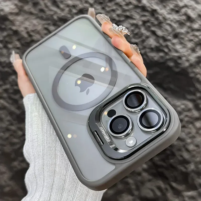 Coque magnétique de luxe antichoc compatible MagSafe pour iPhone, avec support et protection d'objectif en verre 13