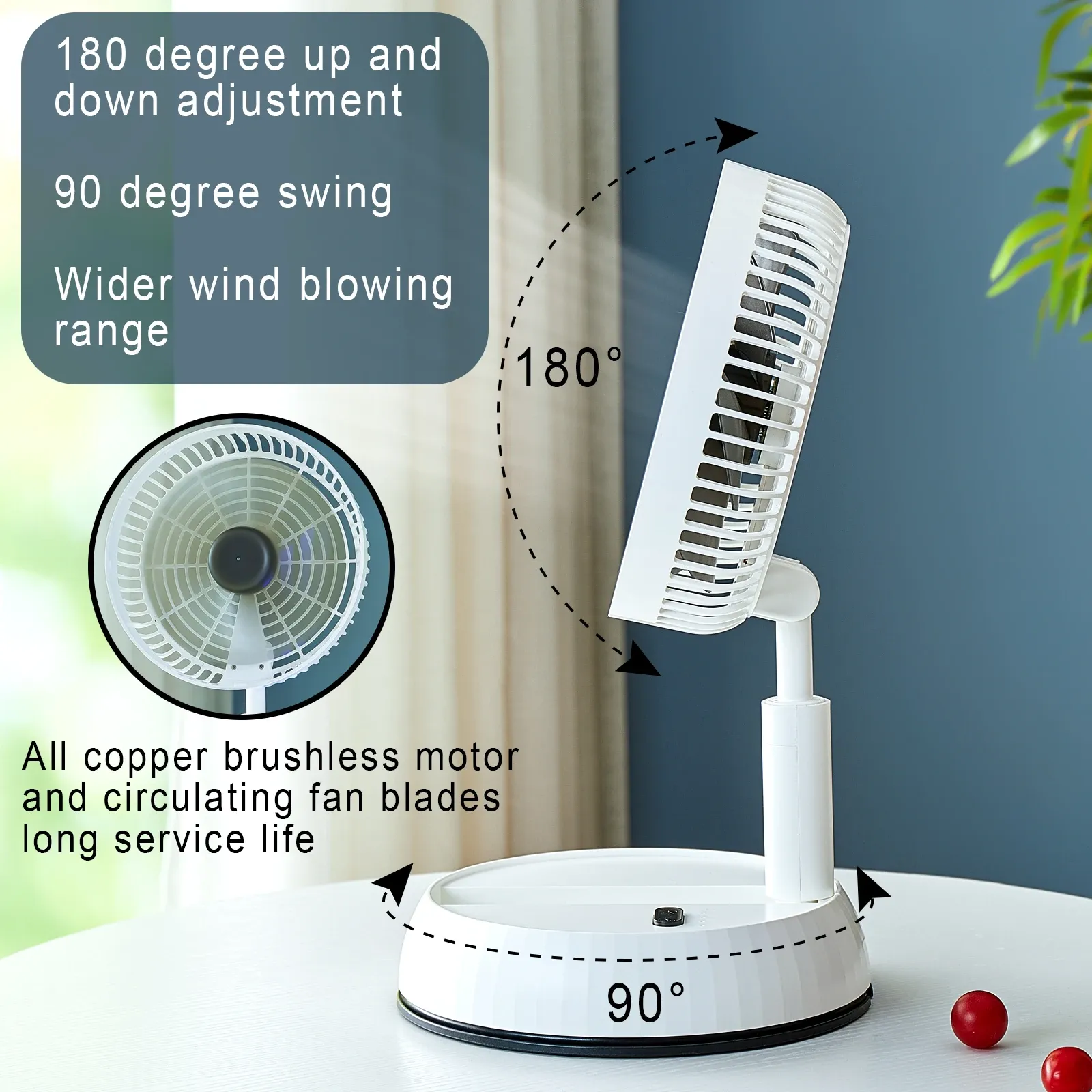 Ventilateur pliant portable sans fil 6000 mAh rechargeable par USB avec télécommande, silencieux, sur pied, pour la maison et l'extérieur 5