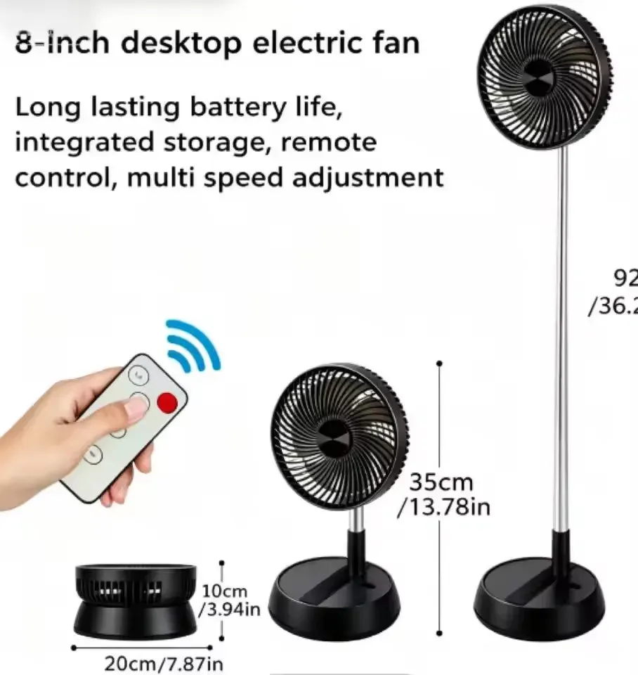 Ventilateur pliant portable sans fil 6000 mAh rechargeable par USB avec télécommande, silencieux, sur pied, pour la maison et l'extérieur 9