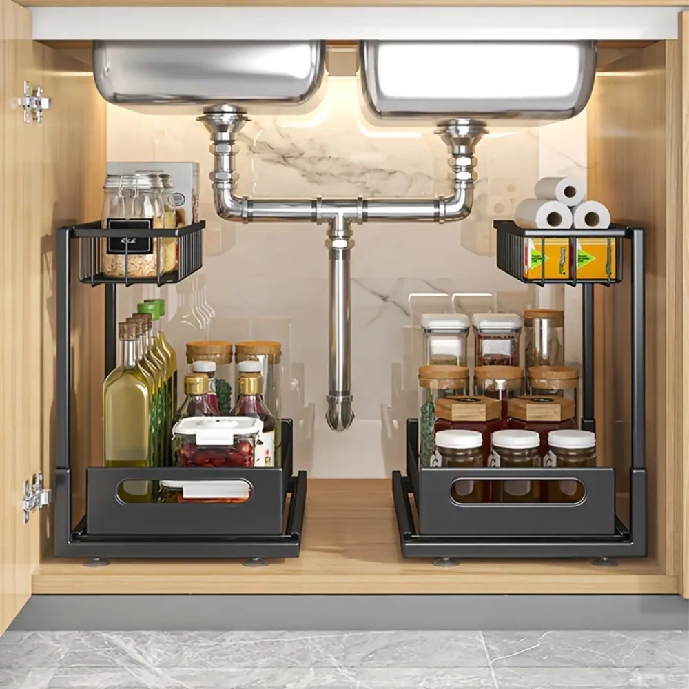 Organisateur sous évier extractible en métal avec tiroir coulissant pour cuisine - Image 1