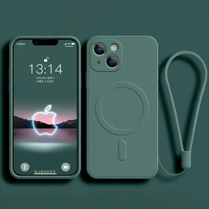 Étui en silicone liquide souple avec bandoulière et chargeur magnétique sans fil MagSafe pour iPhone 16, 15, 14, 13, 12, 11, XR et XS - Image 1
