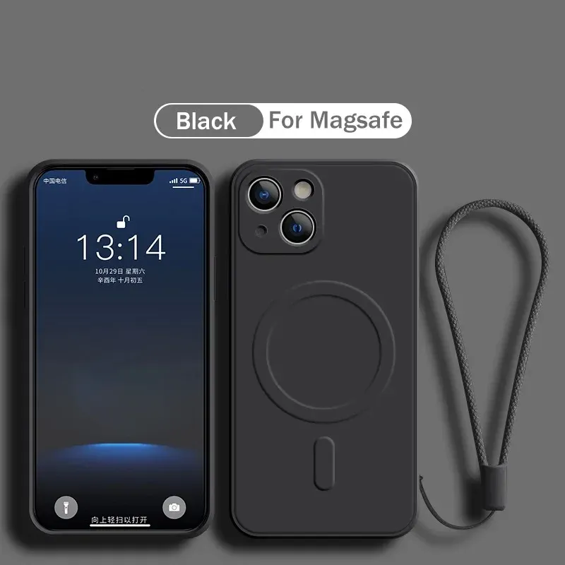 Étui en silicone liquide souple avec bandoulière et chargeur magnétique sans fil MagSafe pour iPhone 16, 15, 14, 13, 12, 11, XR et XS 10
