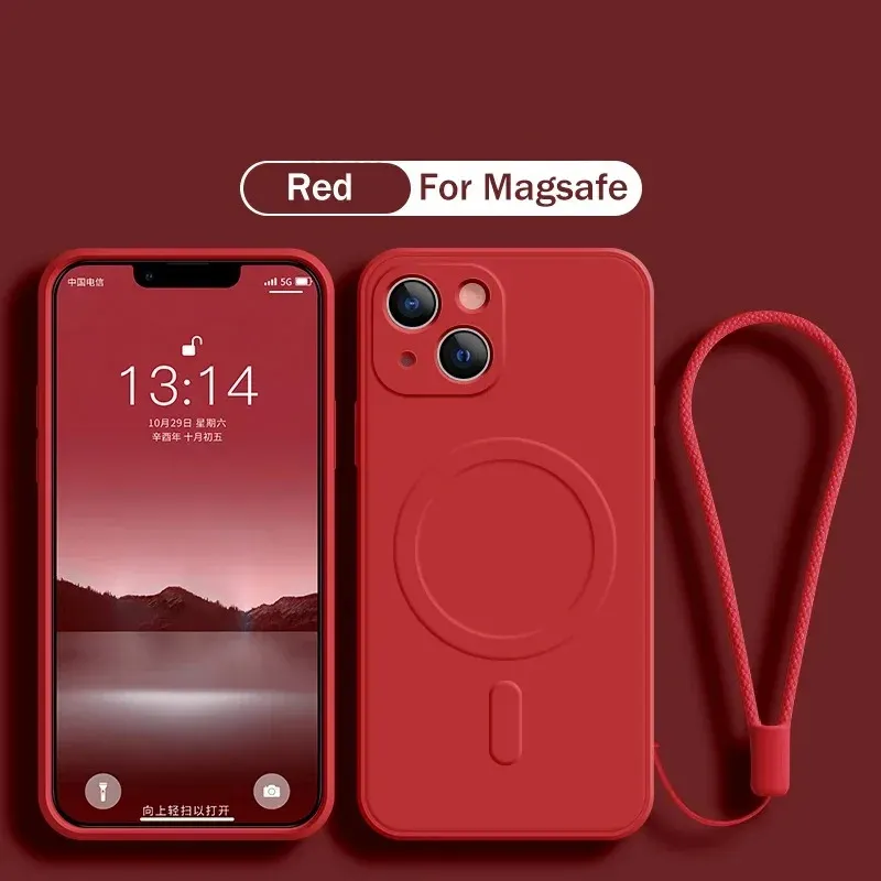 Étui en silicone liquide souple avec bandoulière et chargeur magnétique sans fil MagSafe pour iPhone 16, 15, 14, 13, 12, 11, XR et XS 9