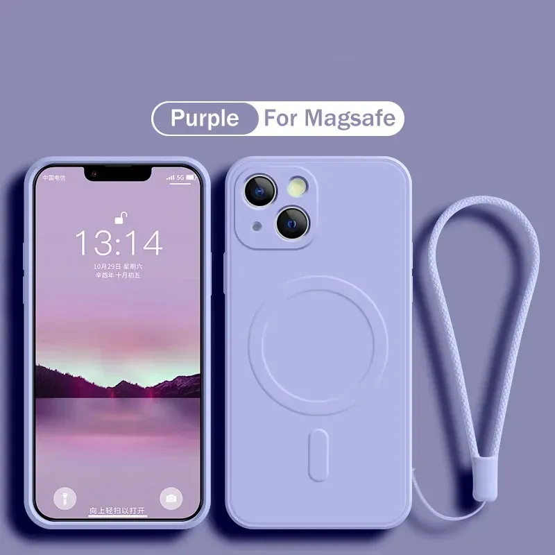 Étui en silicone liquide souple avec bandoulière et chargeur magnétique sans fil MagSafe pour iPhone 16, 15, 14, 13, 12, 11, XR et XS 14
