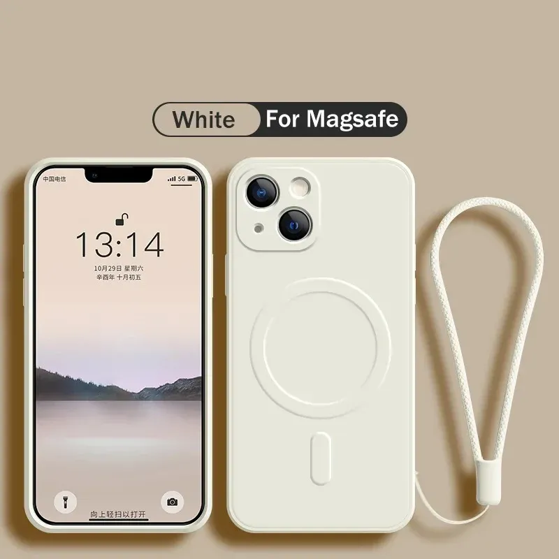 Étui en silicone liquide souple avec bandoulière et chargeur magnétique sans fil MagSafe pour iPhone 16, 15, 14, 13, 12, 11, XR et XS 15
