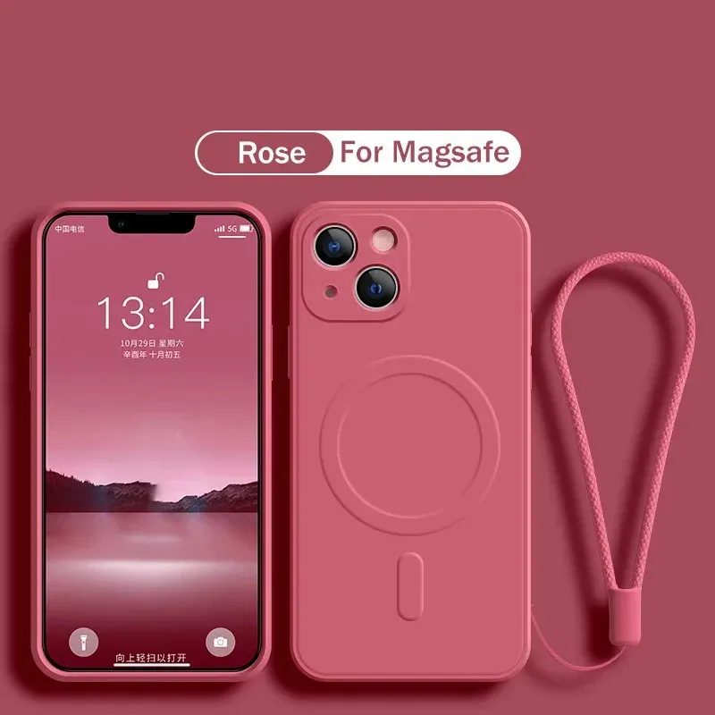 Étui en silicone liquide souple avec bandoulière et chargeur magnétique sans fil MagSafe pour iPhone 16, 15, 14, 13, 12, 11, XR et XS 13