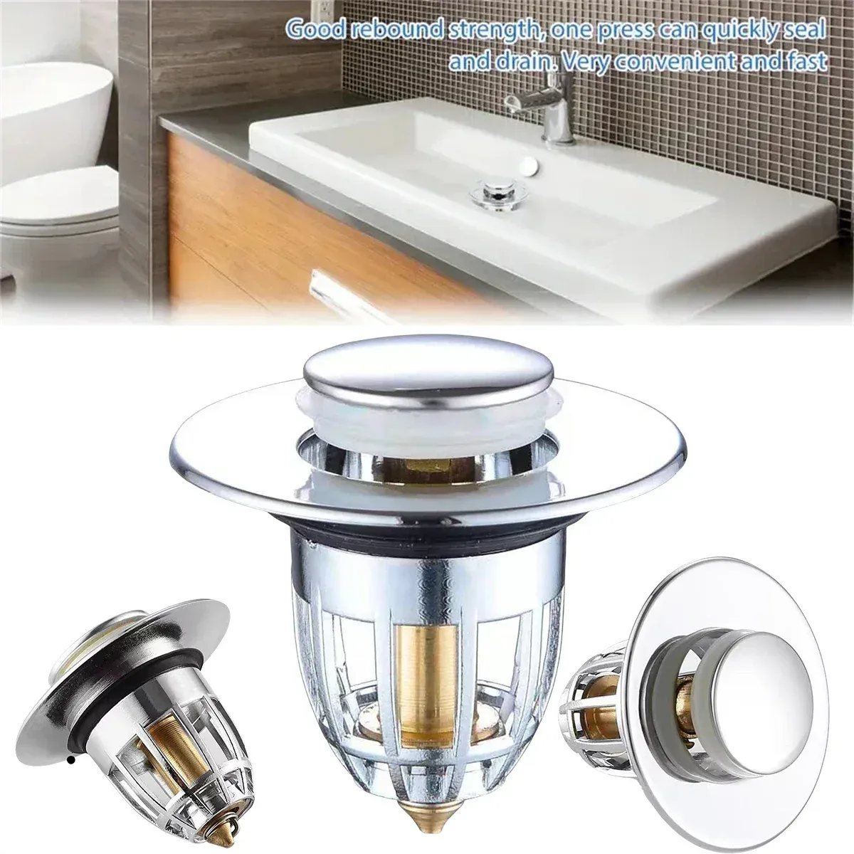 Bouchon de vidange push-pull universel, bonde de lavabo chromée à ouverture rapide avec panier anti-cheveux, bouchon de vidange pour évier de salle de bain, système à pousser-tirer facile d'utilisation 2