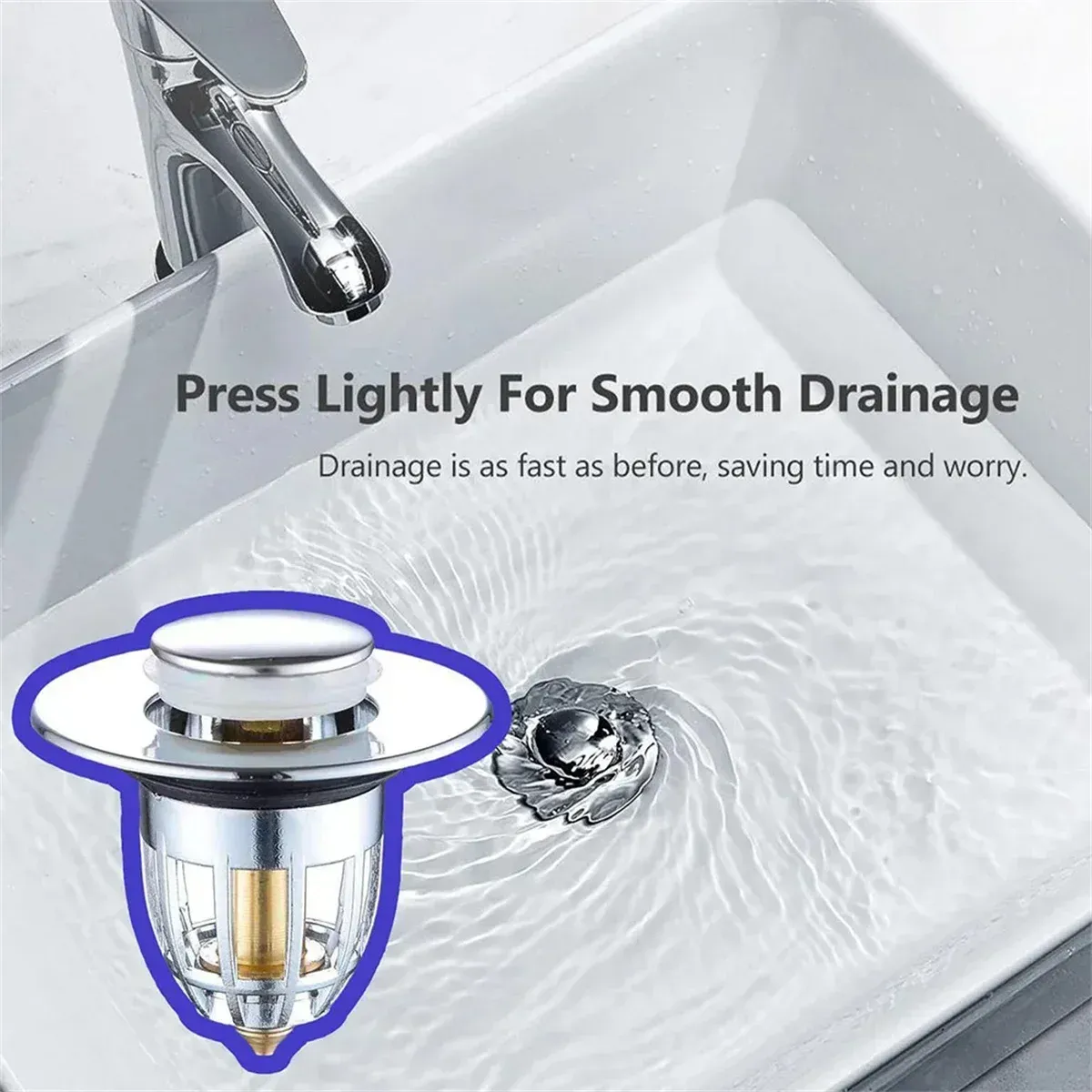 Bouchon de vidange push-pull universel, bonde de lavabo chromée à ouverture rapide avec panier anti-cheveux, bouchon de vidange pour évier de salle de bain, système à pousser-tirer facile d'utilisation 3
