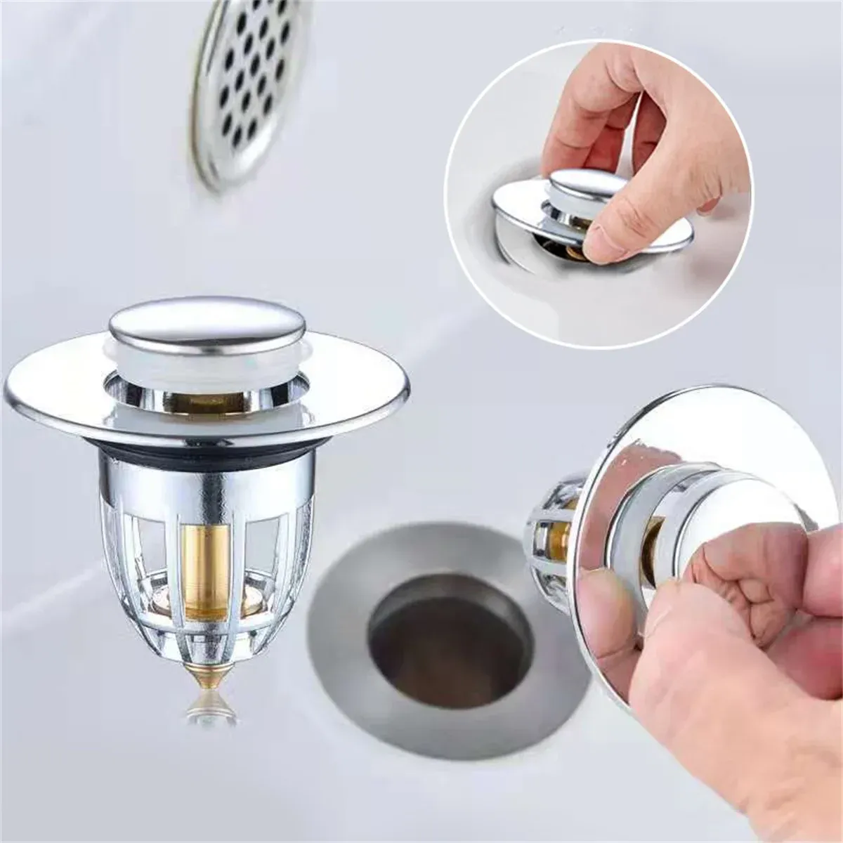 Bouchon de vidange push-pull universel, bonde de lavabo chromée à ouverture rapide avec panier anti-cheveux, bouchon de vidange pour évier de salle de bain, système à pousser-tirer facile d'utilisation 4