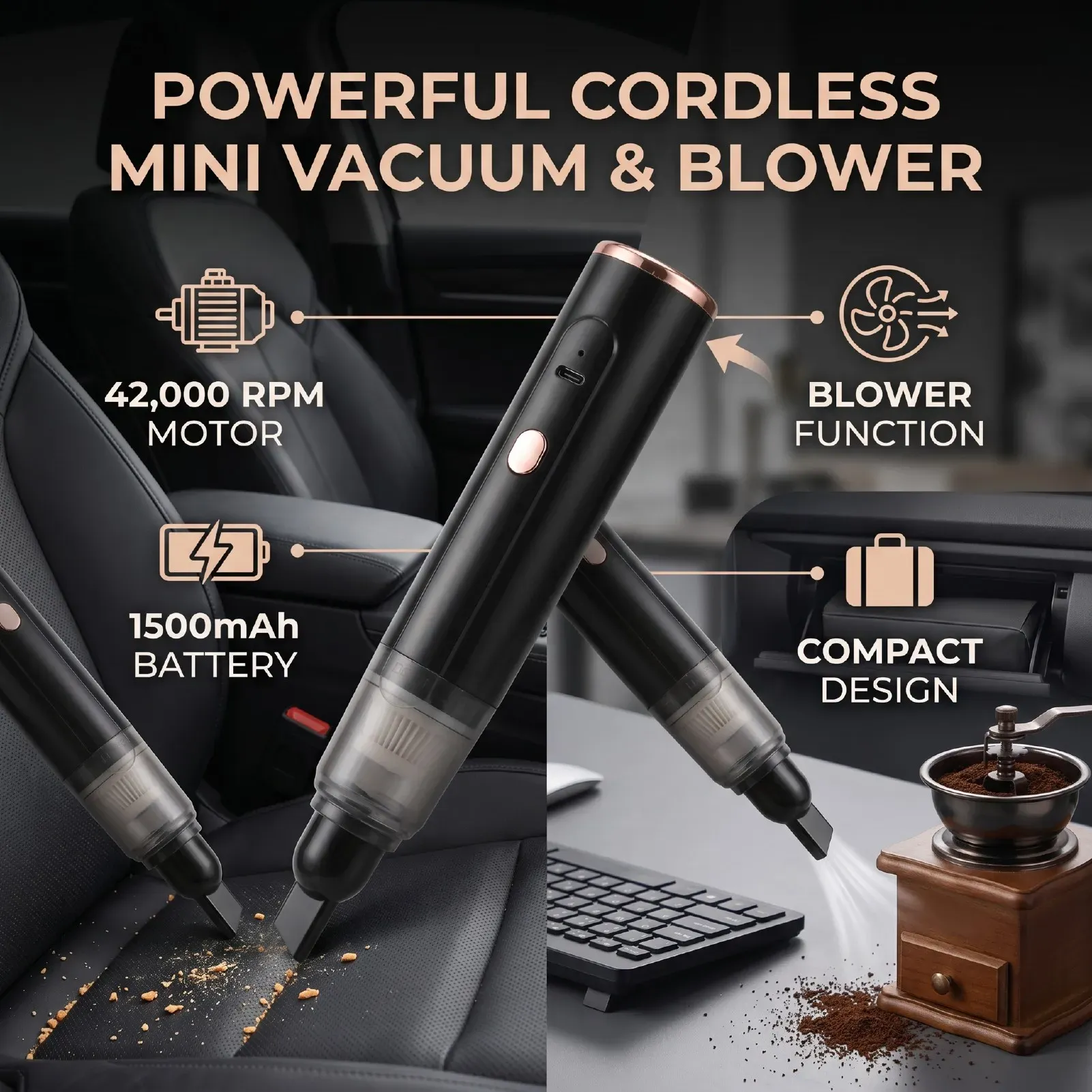Aspirateur de voiture portable sans fil, mini aspirateur pour voiture, maison et bureau 5