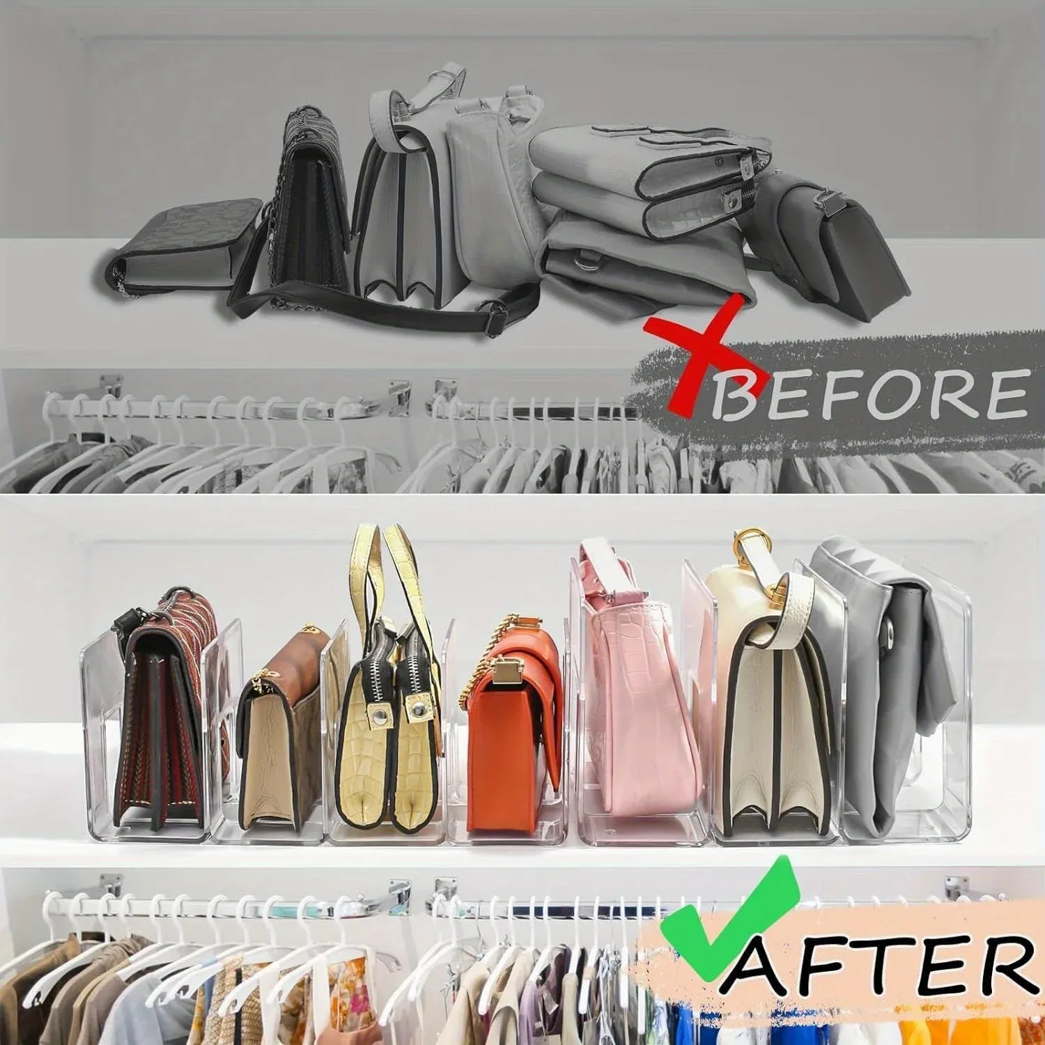 Organisateur de sac à main en acrylique transparent avec séparateurs personnalisables, étagère modulaire transparente pour placard et vitrine, design portable en plastique 4
