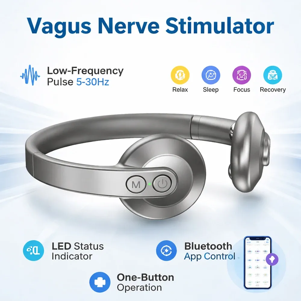 Stimulateur du nerf vague et masseur cervical à impulsions basse fréquence (5-30 Hz), 4 modes, commande à un bouton