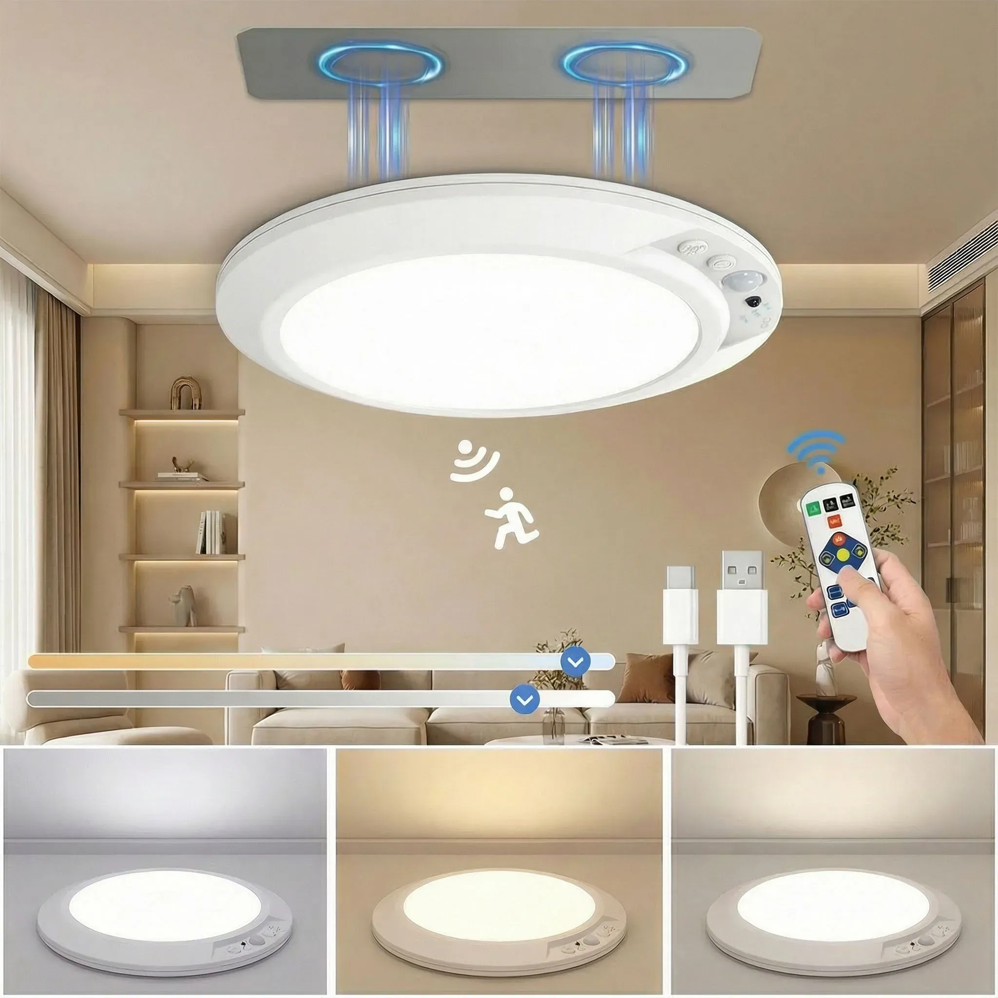 Plafonnier sans fil à détecteur de mouvement, rechargeable USB-C, magnétique, avec télécommande et veilleuse LED pour cuisine et vestiaire