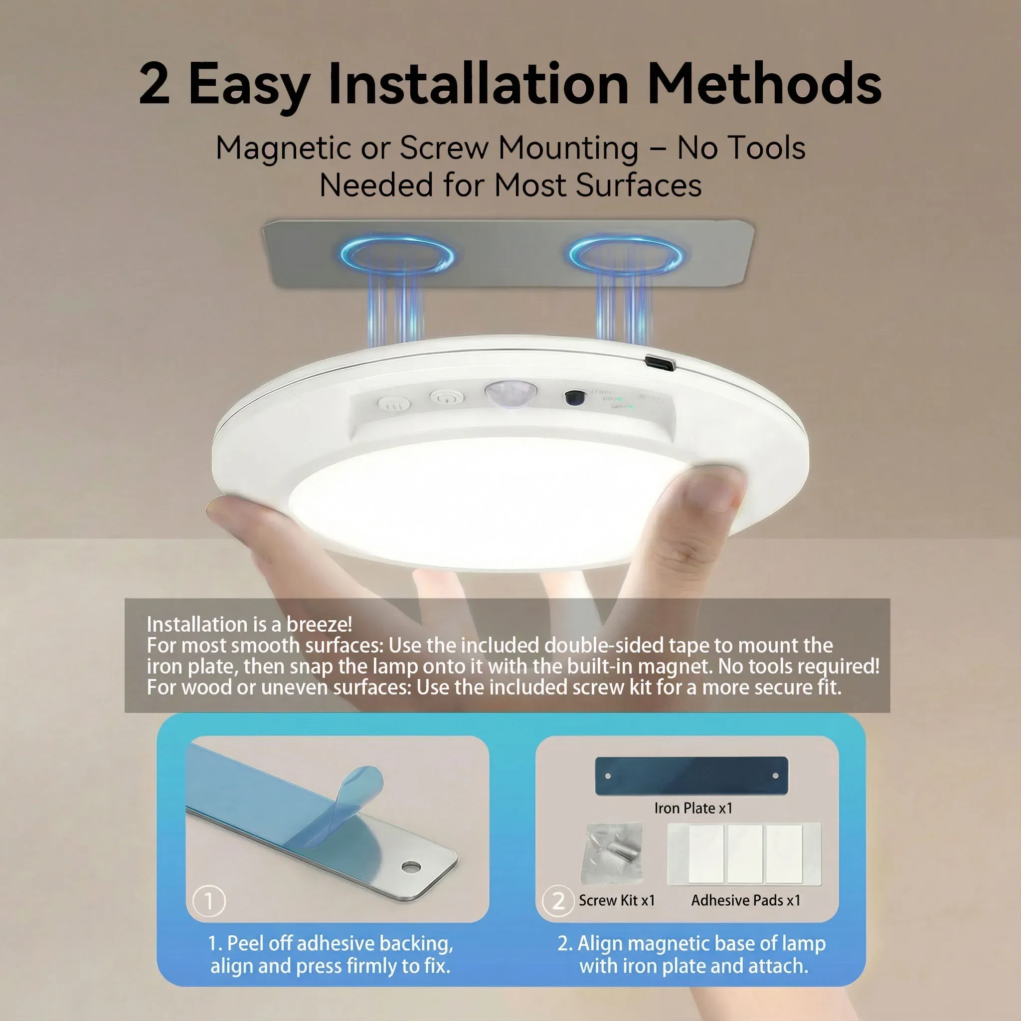 Plafonnier sans fil à détecteur de mouvement, rechargeable USB-C, magnétique, avec télécommande et veilleuse LED pour cuisine et vestiaire 2