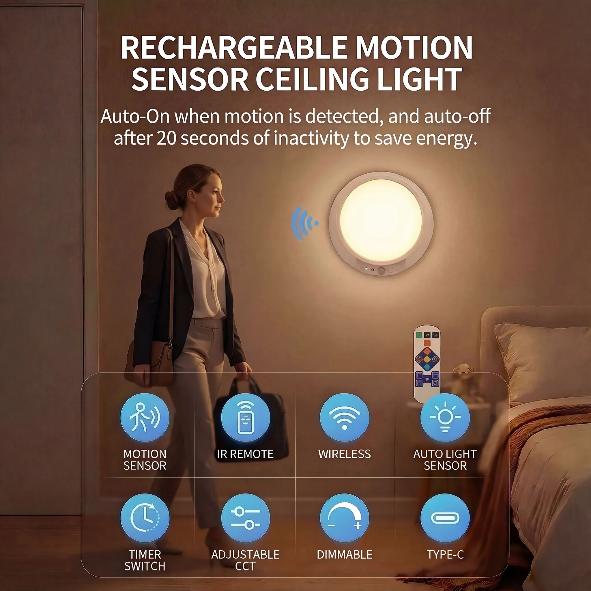 Plafonnier sans fil à détecteur de mouvement, rechargeable USB-C, magnétique, avec télécommande et veilleuse LED pour cuisine et vestiaire 4