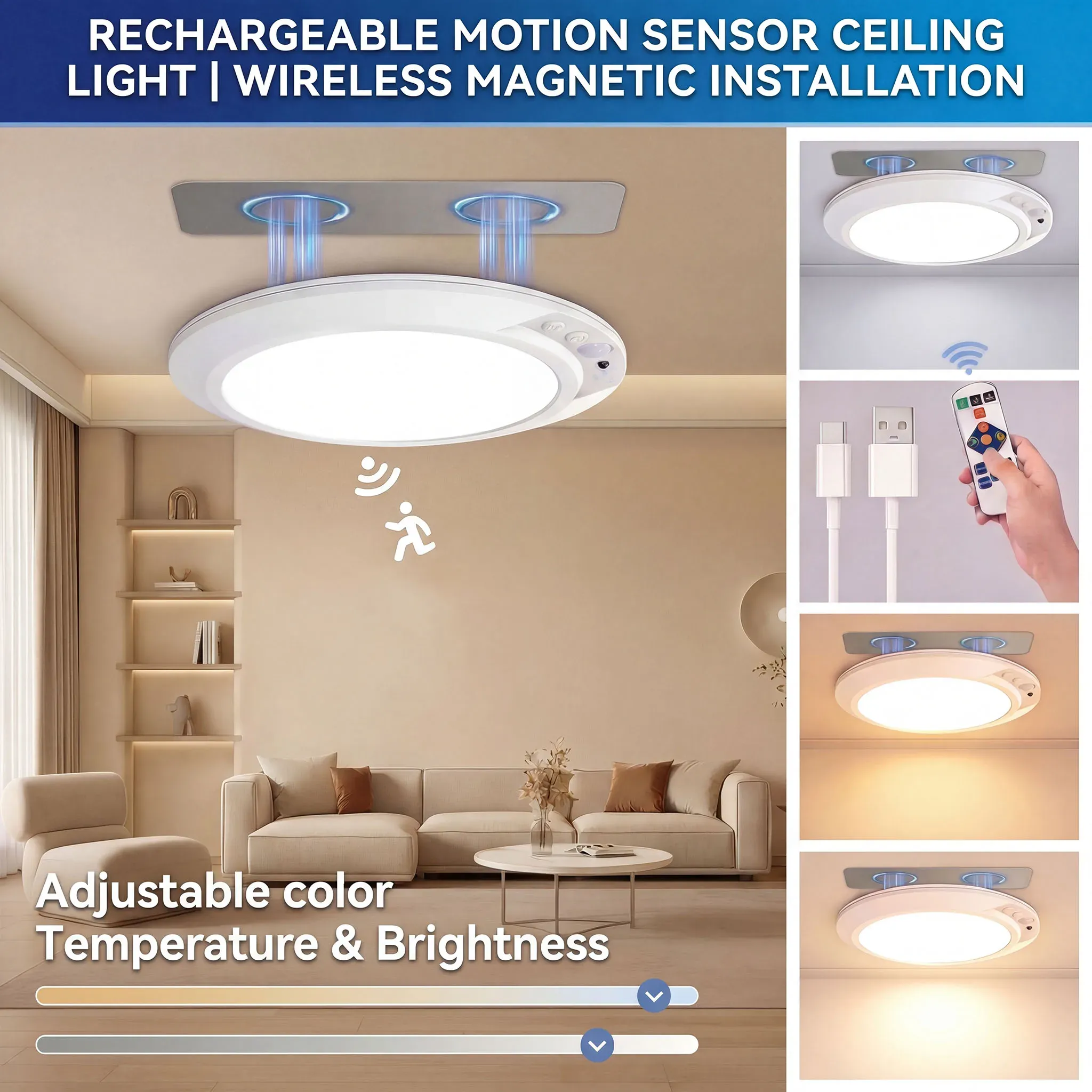 Plafonnier sans fil à détecteur de mouvement, rechargeable USB-C, magnétique, avec télécommande et veilleuse LED pour cuisine et vestiaire 7