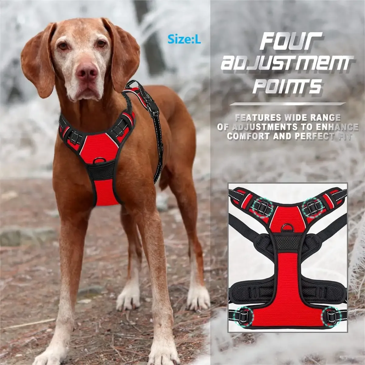 Harnais réglable anti-traction avec clip frontal, bandes réfléchissantes et poignée confort, pour chiens de taille moyenne à grande 3