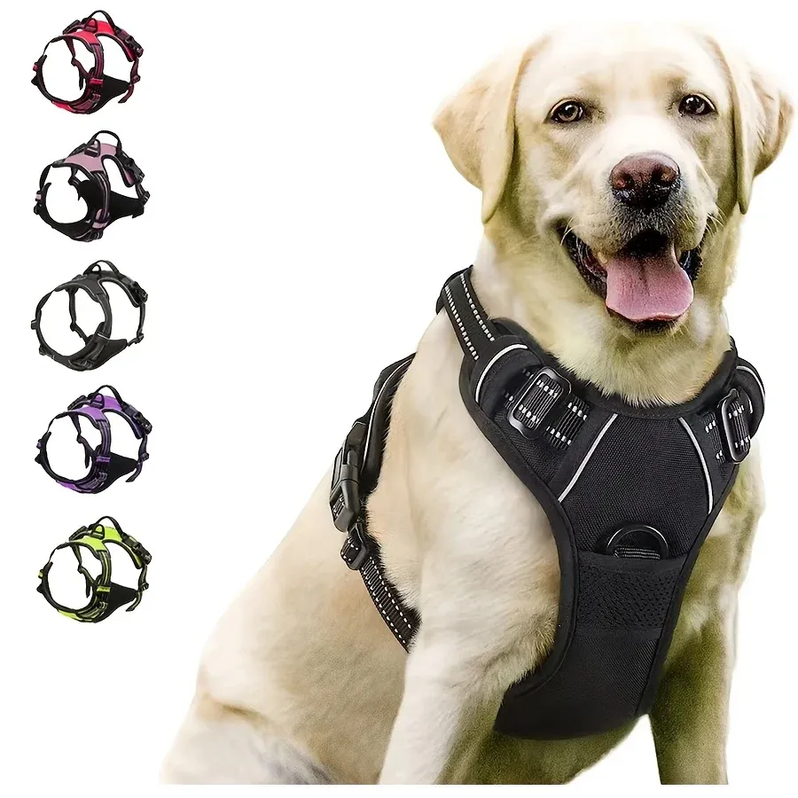 Harnais réglable anti-traction avec clip frontal, bandes réfléchissantes et poignée confort, pour chiens de taille moyenne à grande
