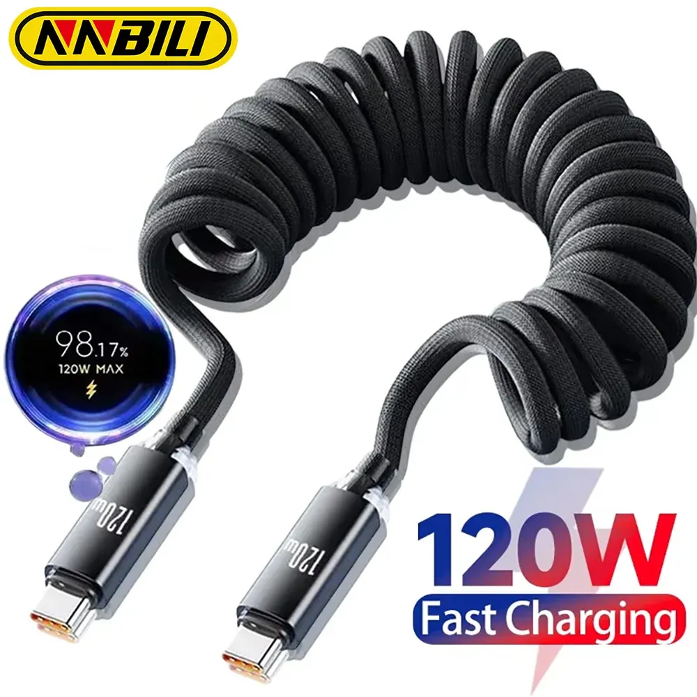NNBILI 120W, câble de charge rapide USB-C vers USB-C pour voiture, compatible avec iPhone 18 et 17, câble télescopique à ressort USB-A vers USB-C pour Samsung, Xiaomi et Huawei.
