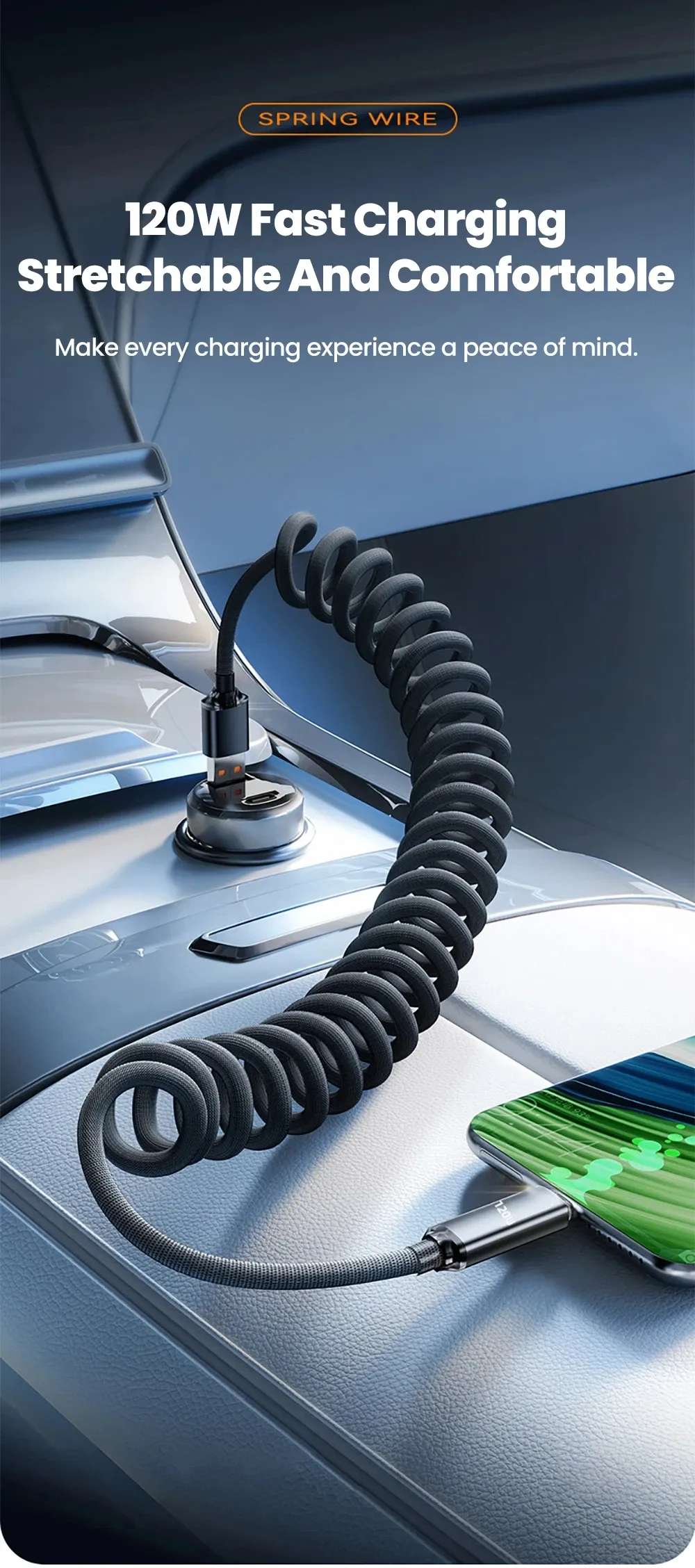 Câble de charge rétractable 120W, vue de présentation