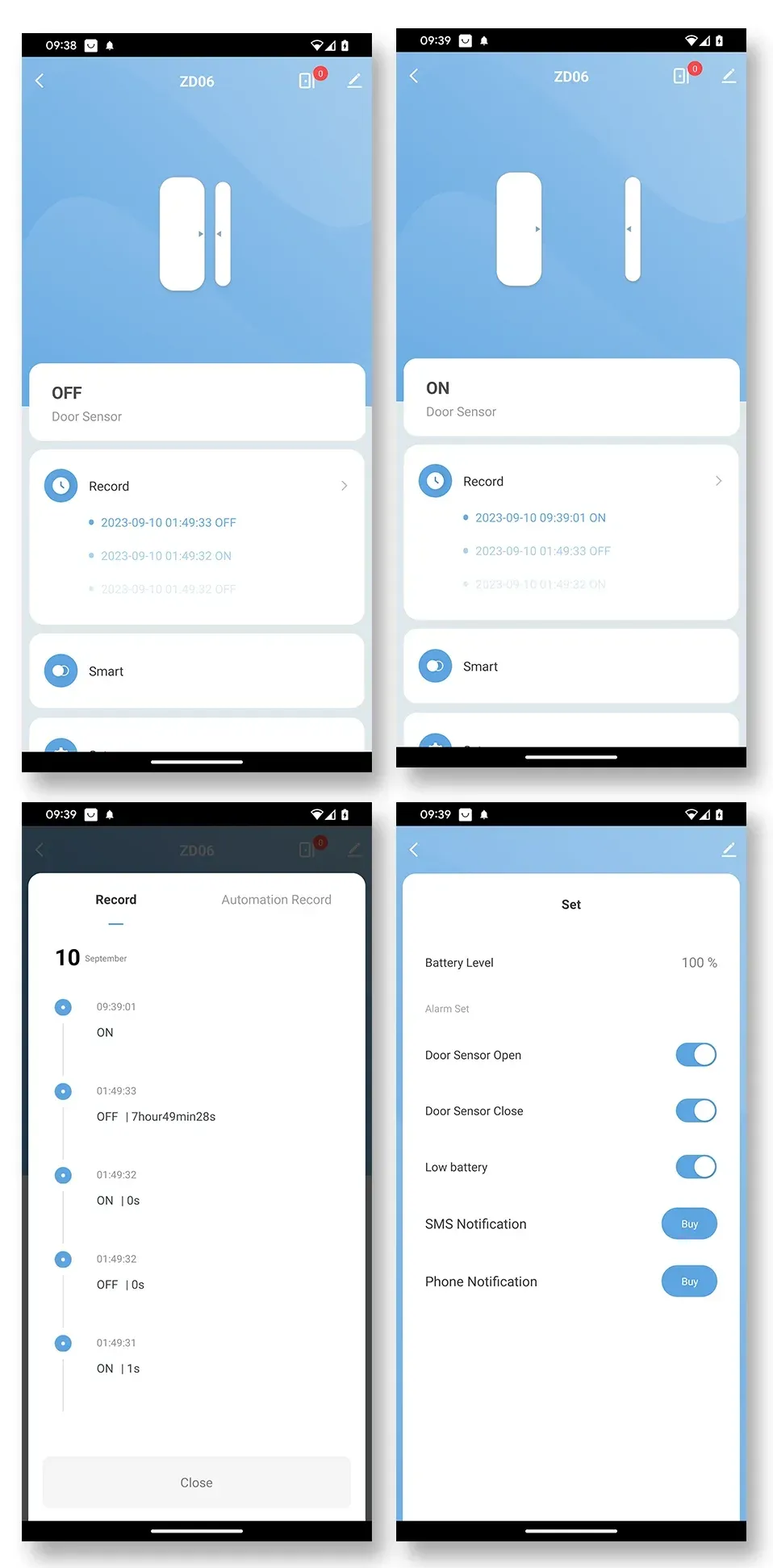Page principale de l'application et réglages