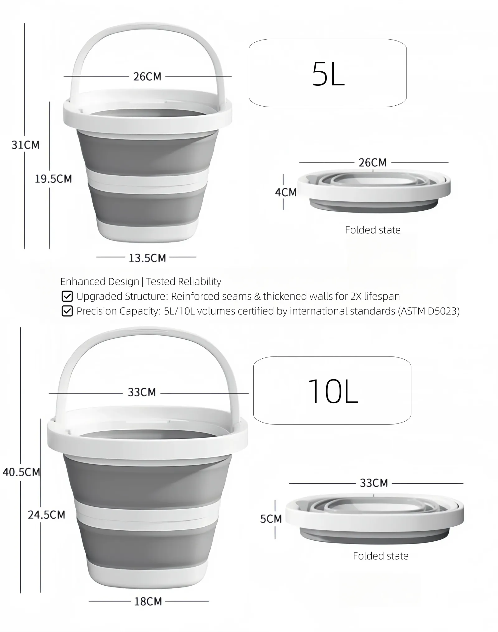 Seau pliable compact à différentes tailles