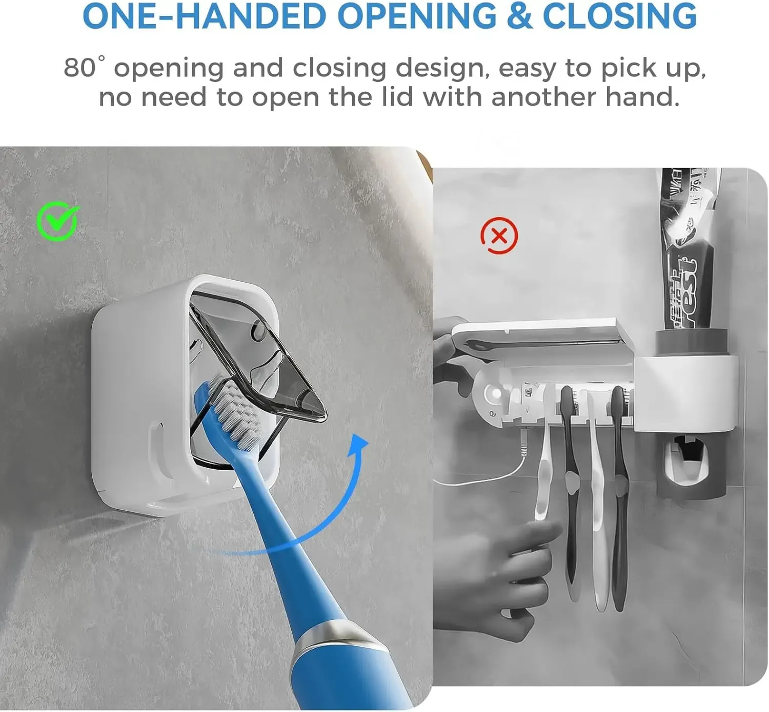 Support mural pour brosses à dents avec couvercle pour la douche, distributeur individuel pour salle de bain et organisateur de rangement pour la famille et les voyages 2