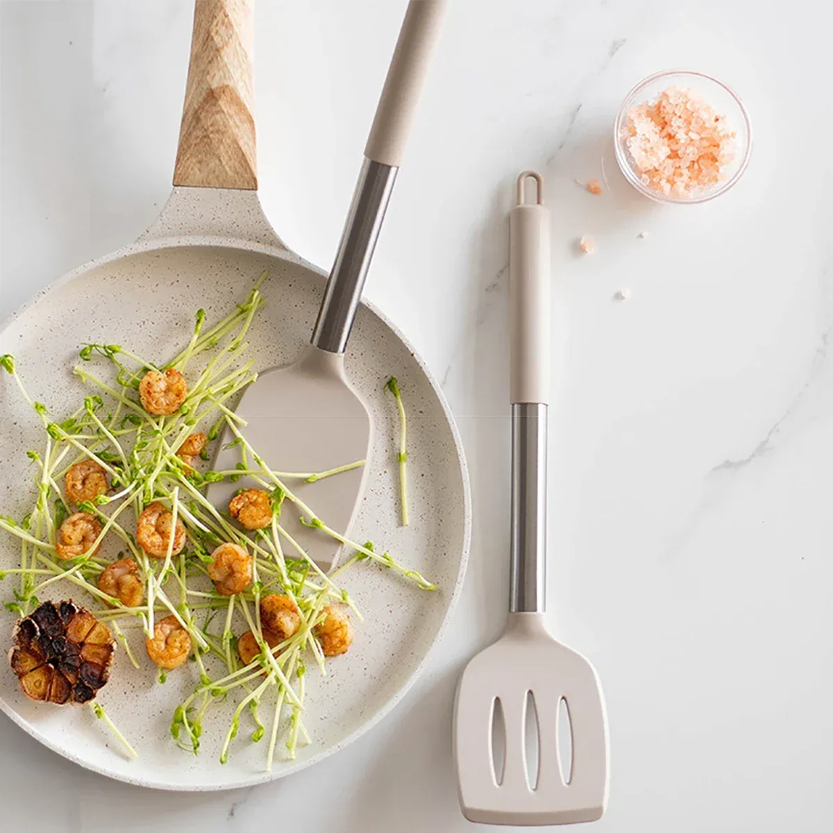 Spatule à frire pour steak, ustensiles de cuisine à manche en acier inoxydable, ensemble d'ustensiles de cuisine en silicone, ensemble d'outils de cuisine 2 pièces 4