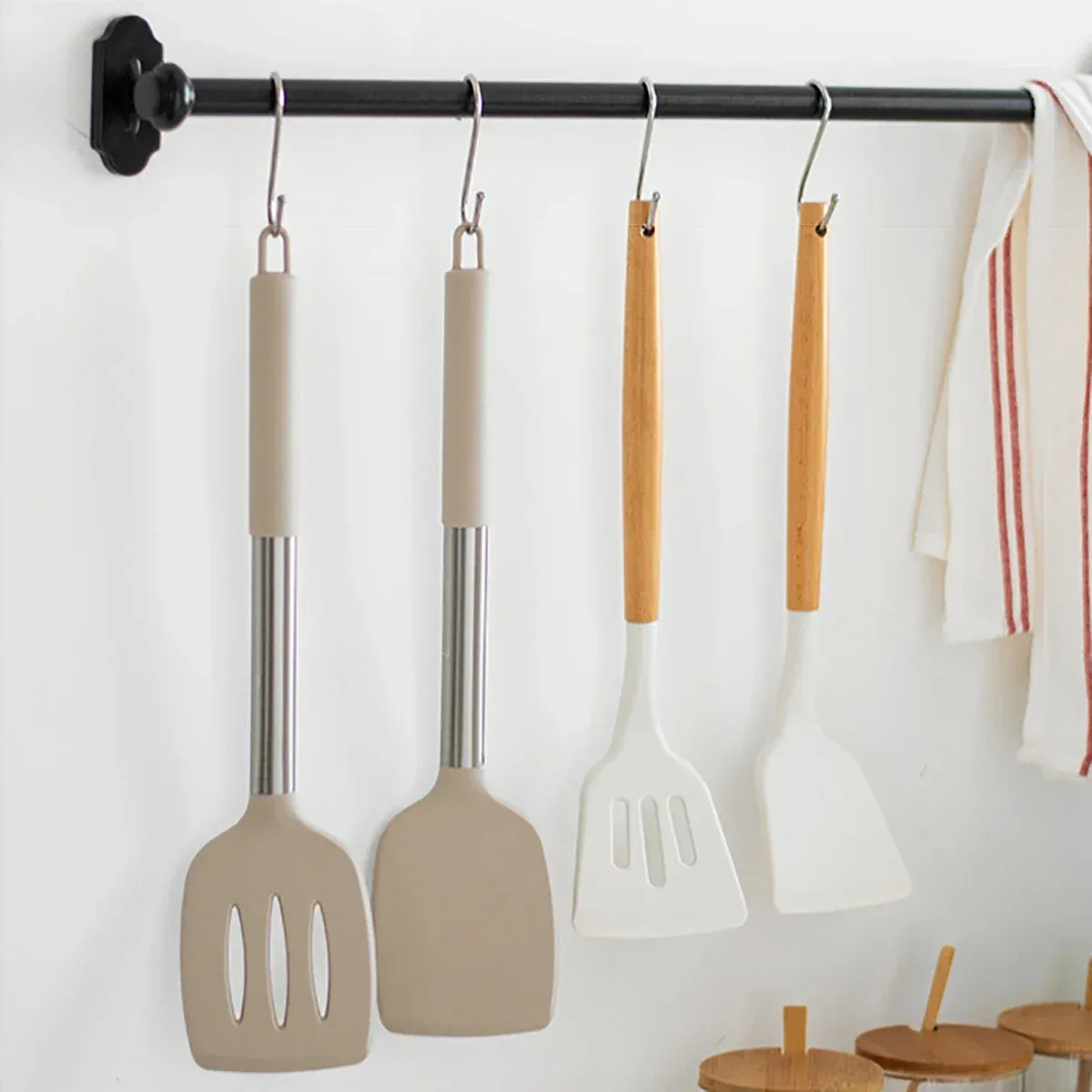 Spatule à frire pour steak, ustensiles de cuisine à manche en acier inoxydable, ensemble d'ustensiles de cuisine en silicone, ensemble d'outils de cuisine 2 pièces 6