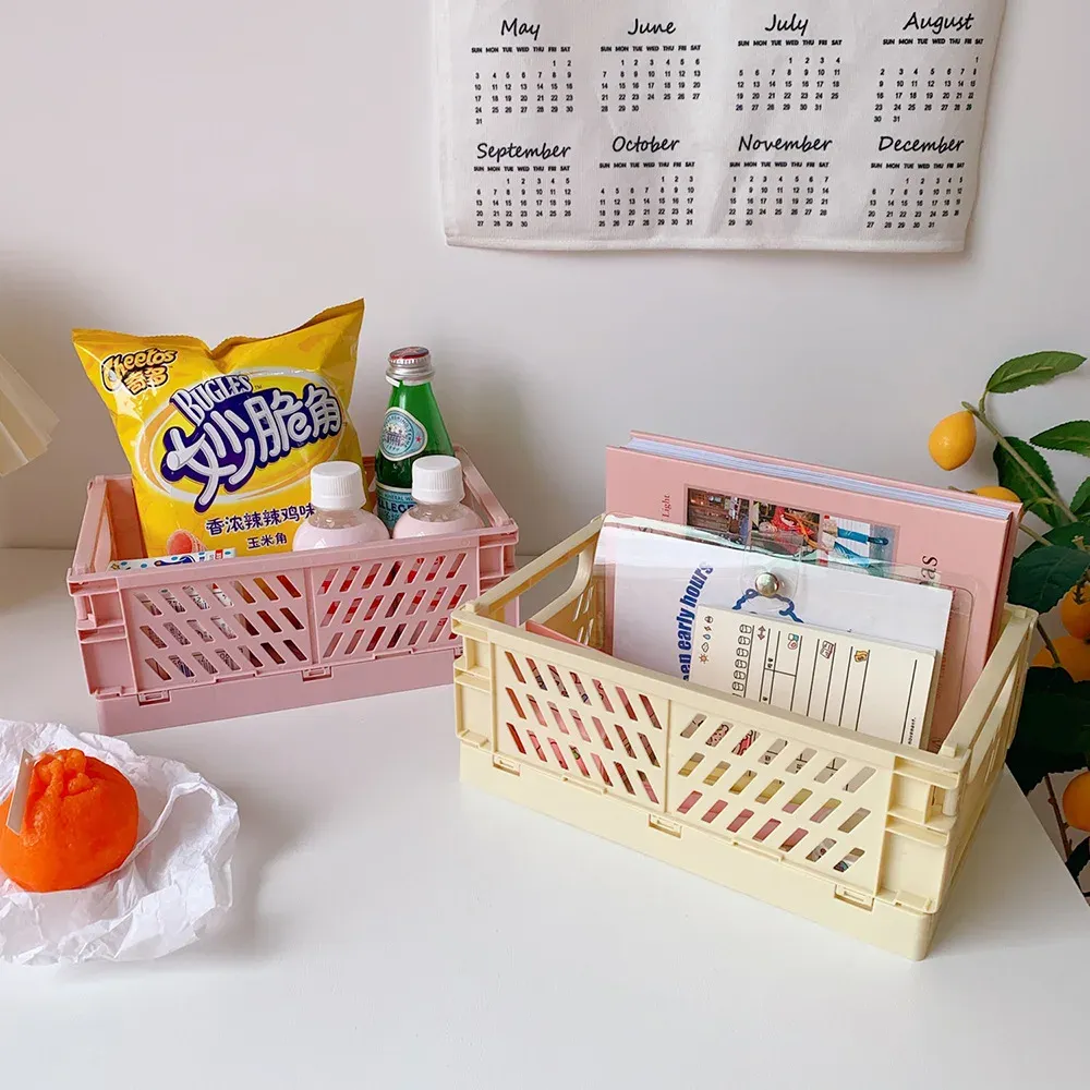 Panier de rangement pliable en plastique, rangement papeterie