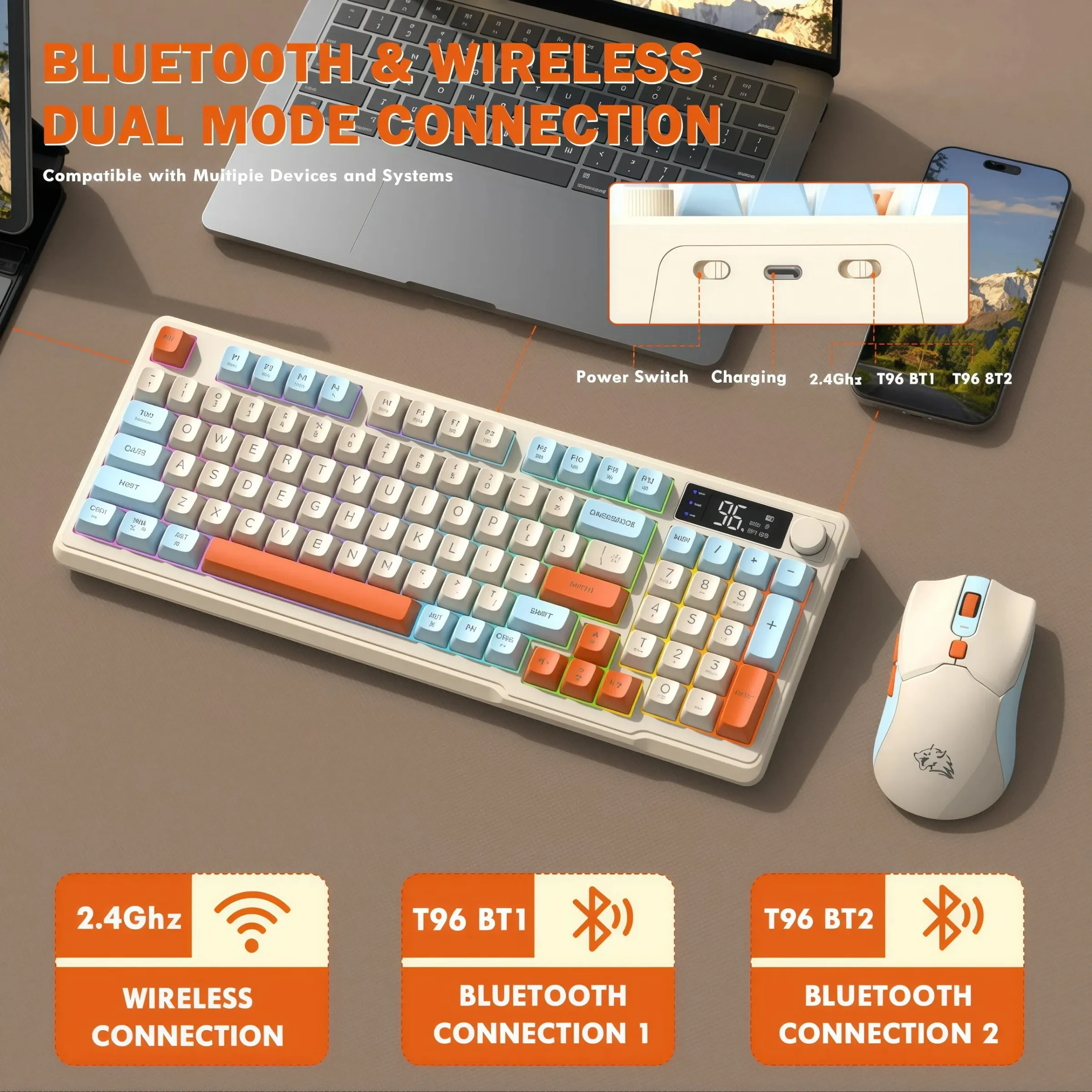 Ensemble clavier et souris sans fil Freewolf T96 pour le jeu, Bluetooth double mode, compatible PC et Mac 5