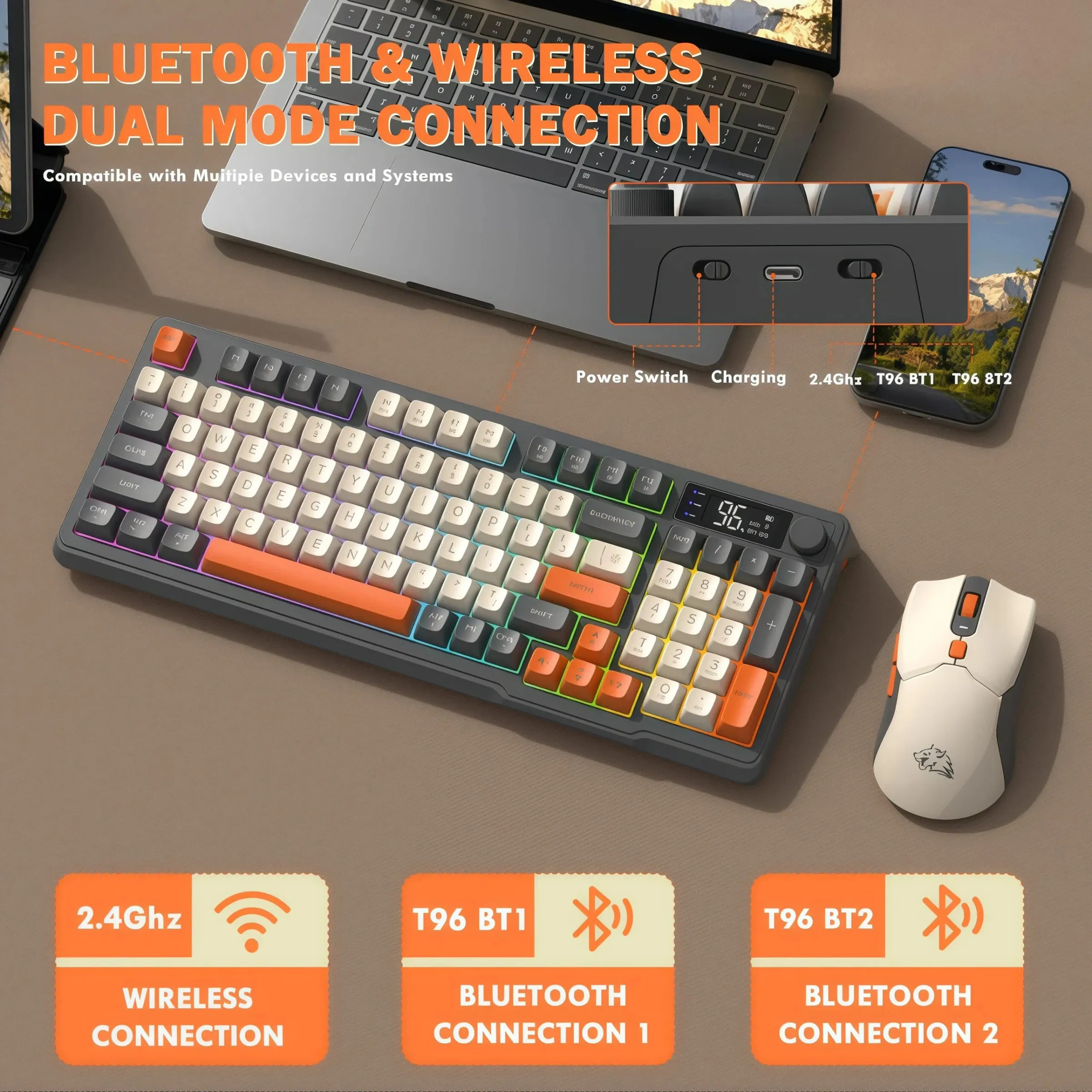 Ensemble clavier et souris sans fil Freewolf T96 pour le jeu, Bluetooth double mode, compatible PC et Mac 8