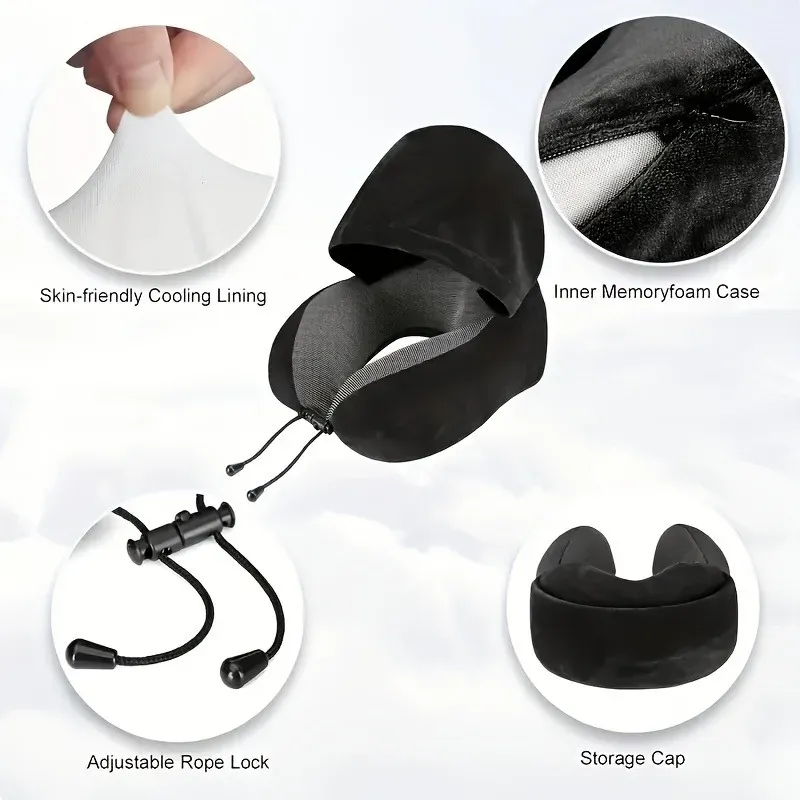 Oreiller de voyage en forme de U à capuche en mousse à mémoire de forme, avec housse amovible, support de cou portable pour avion, bureau, sieste et voiture 5