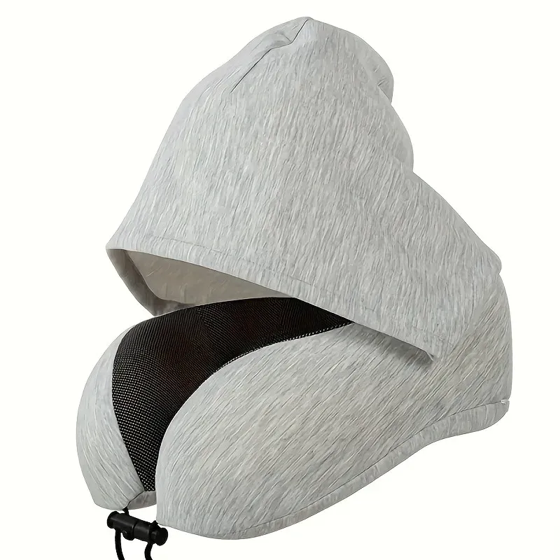 Oreiller de voyage en forme de U à capuche en mousse à mémoire de forme, avec housse amovible, support de cou portable pour avion, bureau, sieste et voiture 7