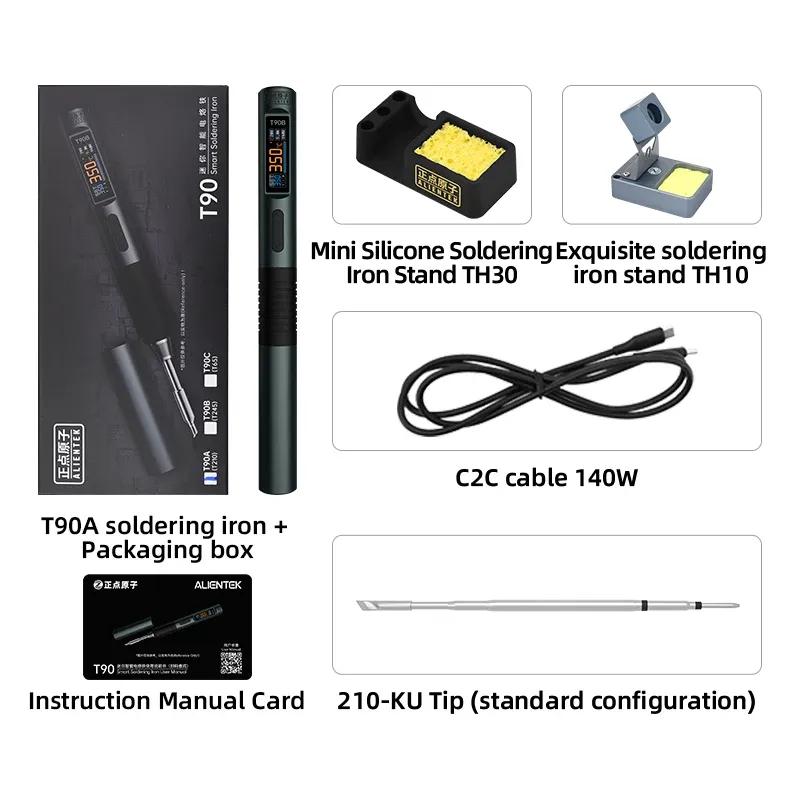 Station de soudage intelligente ALIENTEK T90, fer à souder PD 140 W à température réglable, alimentation DC 28 V, plage 80–450 °C, kit avec pointes C245, C210 et T65 14