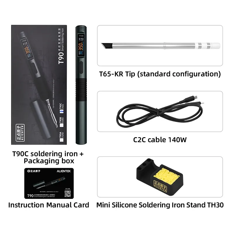Station de soudage intelligente ALIENTEK T90, fer à souder PD 140 W à température réglable, alimentation DC 28 V, plage 80–450 °C, kit avec pointes C245, C210 et T65 15