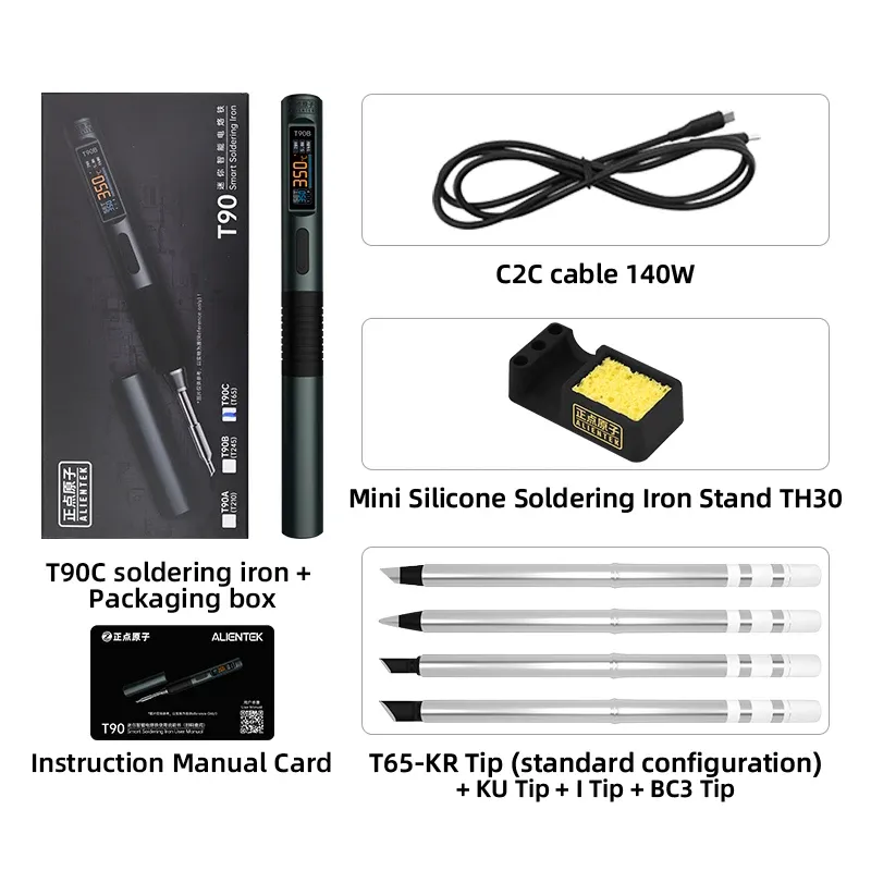 Station de soudage intelligente ALIENTEK T90, fer à souder PD 140 W à température réglable, alimentation DC 28 V, plage 80–450 °C, kit avec pointes C245, C210 et T65 8