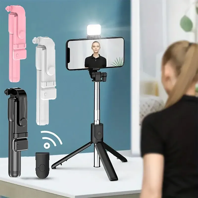 Trépied portable Bluetooth pour perche à selfie avec télécommande sans fil et lumière de remplissage