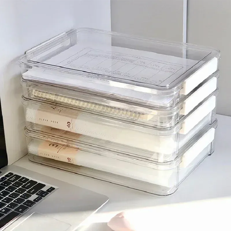 Organisateur de bureau transparent en acrylique pour documents A4, avec boîte de rangement anti-poussière pour papiers et cartes 3