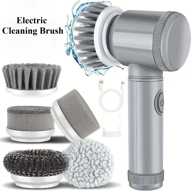 Brosse de nettoyage électrique rotative sans fil pour salle de bain, avec 5 têtes interchangeables - Image 1