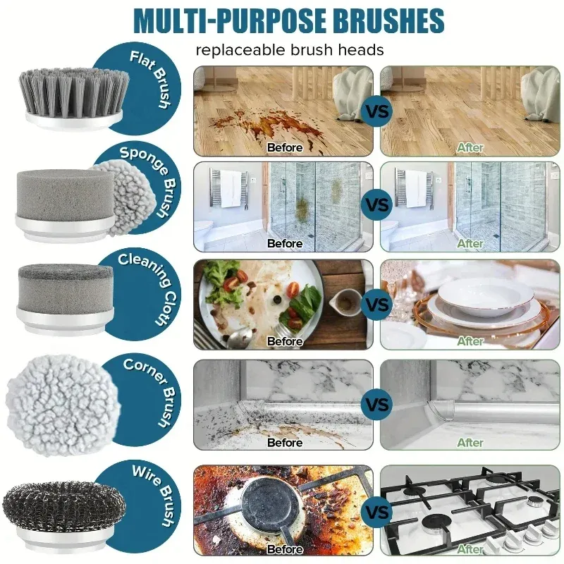 Brosse de nettoyage électrique rotative sans fil pour salle de bain, avec 5 têtes interchangeables 5