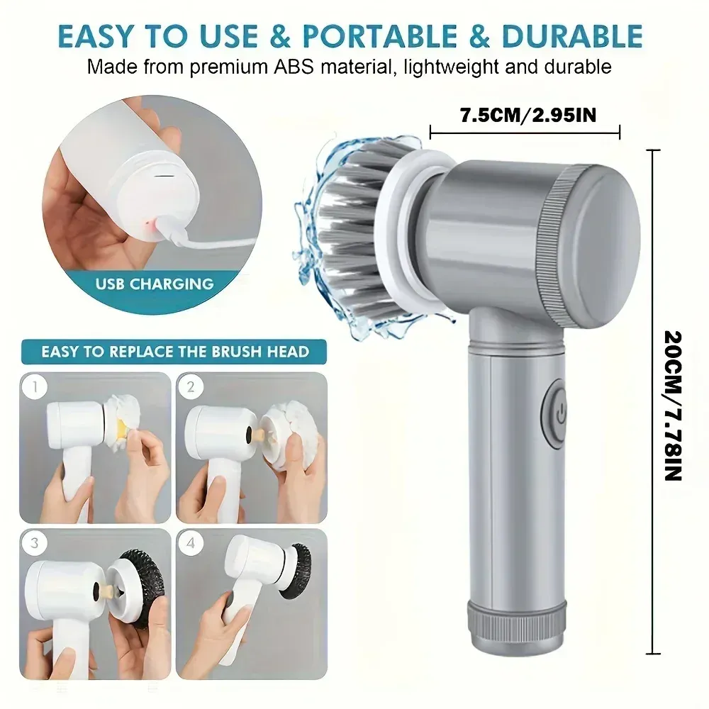 Brosse de nettoyage électrique rotative sans fil pour salle de bain, avec 5 têtes interchangeables 6