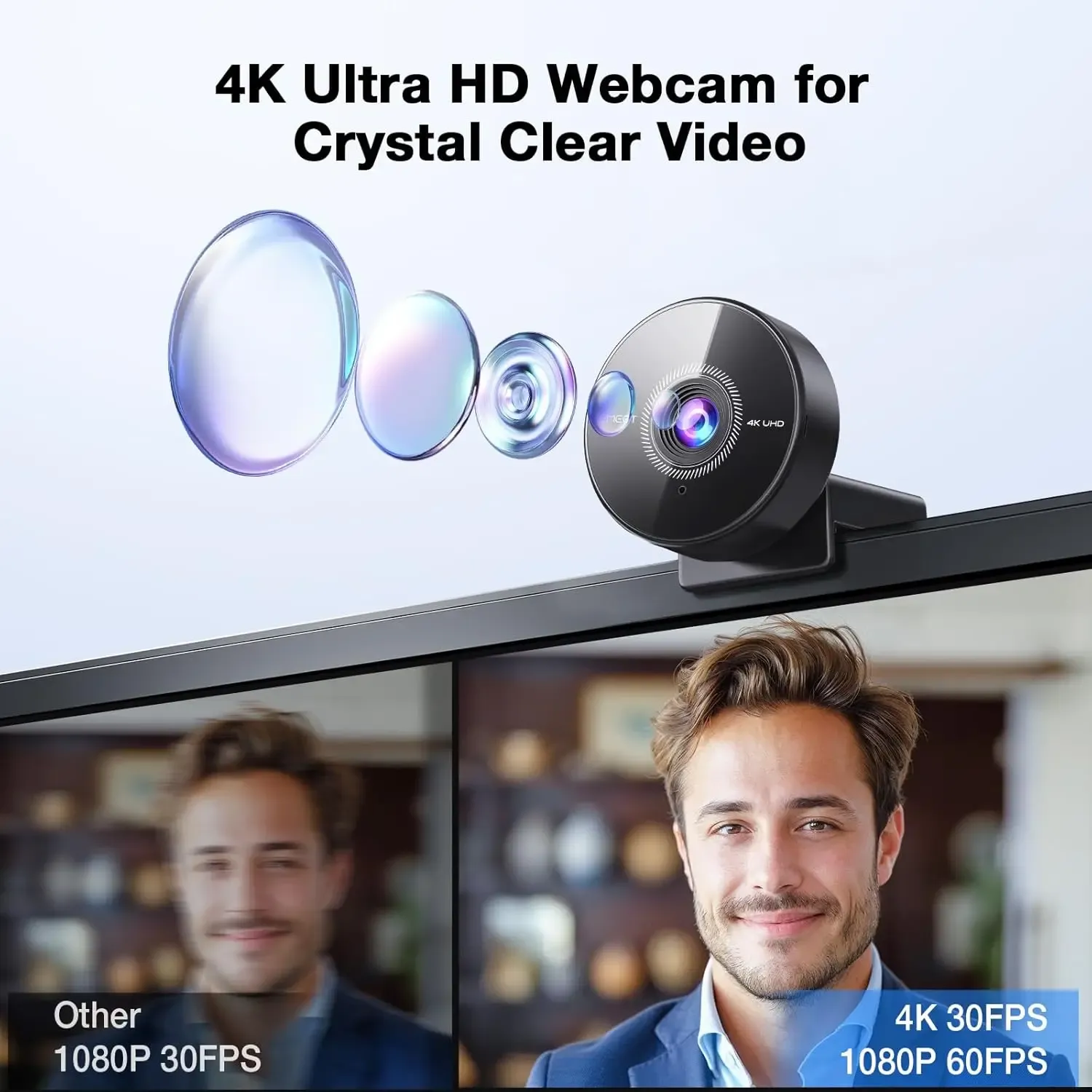 Webcam 4K avec microphone, mini caméra USB 1080p 60 fps pour ordinateur de bureau et portable, EMEET 2