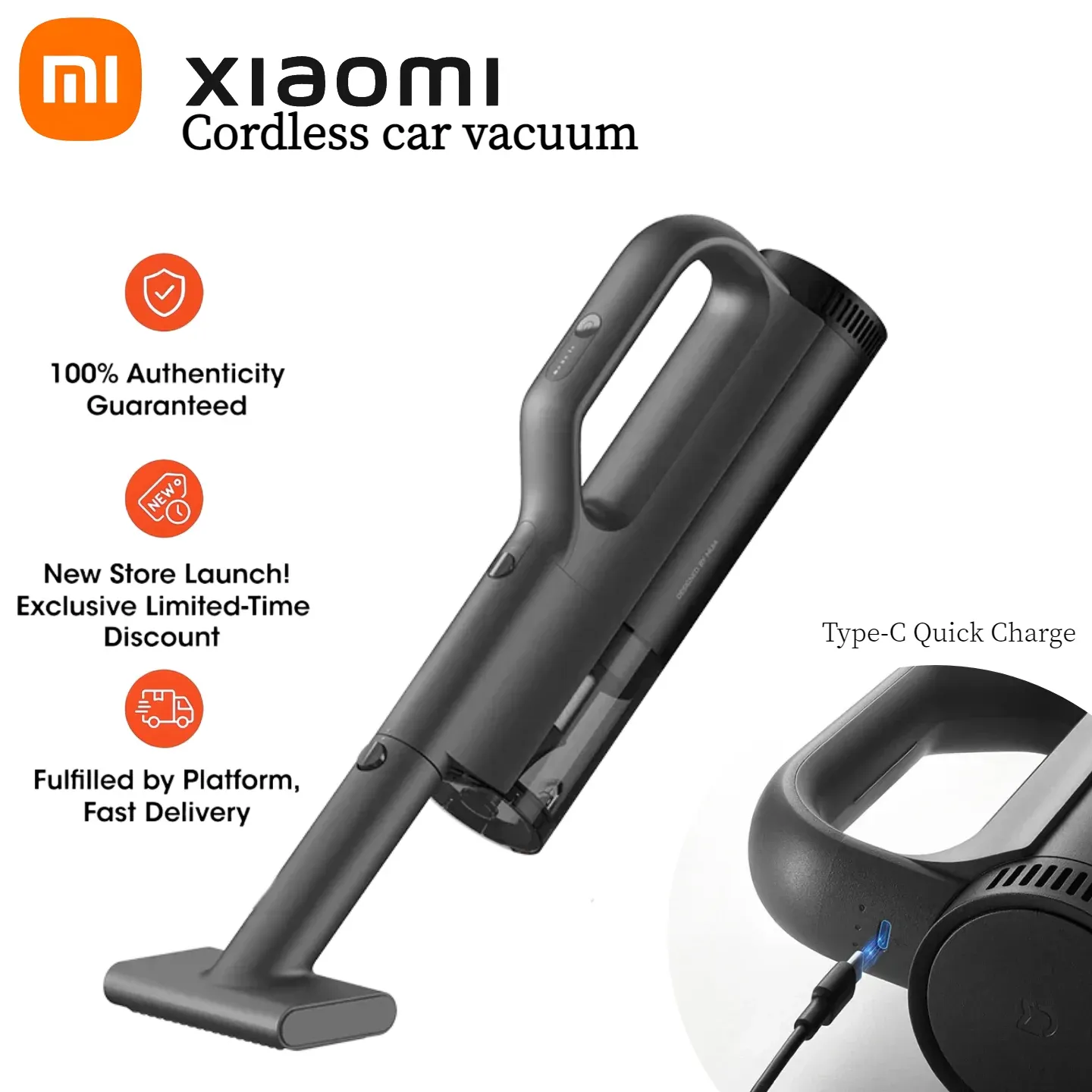 Aspirateur de voiture sans fil Xiaomi, aspirateur portatif de poche à forte puissance d'aspiration, silencieux et léger, avec charge rapide USB-C.